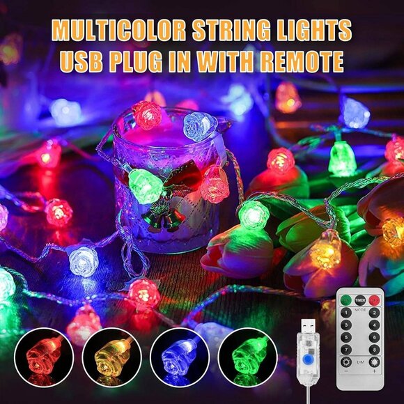 Rose Flower LED String Lights - 33Ft, 80 Multicolor LEDs, Dimmable, Timer, USB - Picture 4 of 8